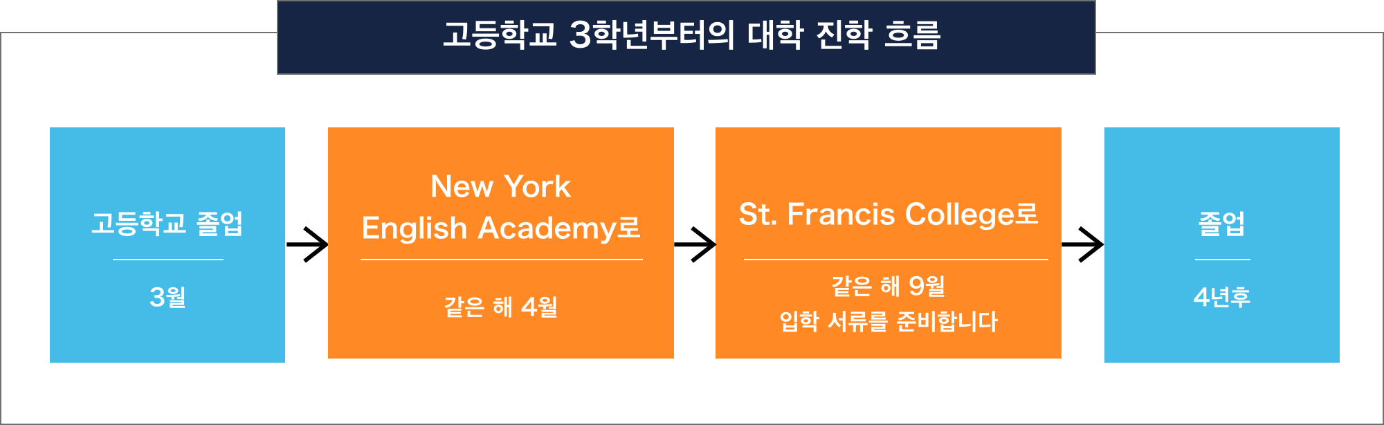 高校3年生からの大学進学の流れ 高校卒業 3月 New York
English Academyへ 同年4月 St. Francis Collegeへ 同年9月
入学書類の準備を行います 卒業 4年後